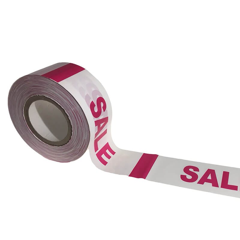 Hvid-pink-Sale-afspærringsbaand hvid tape med rød SALE tekst